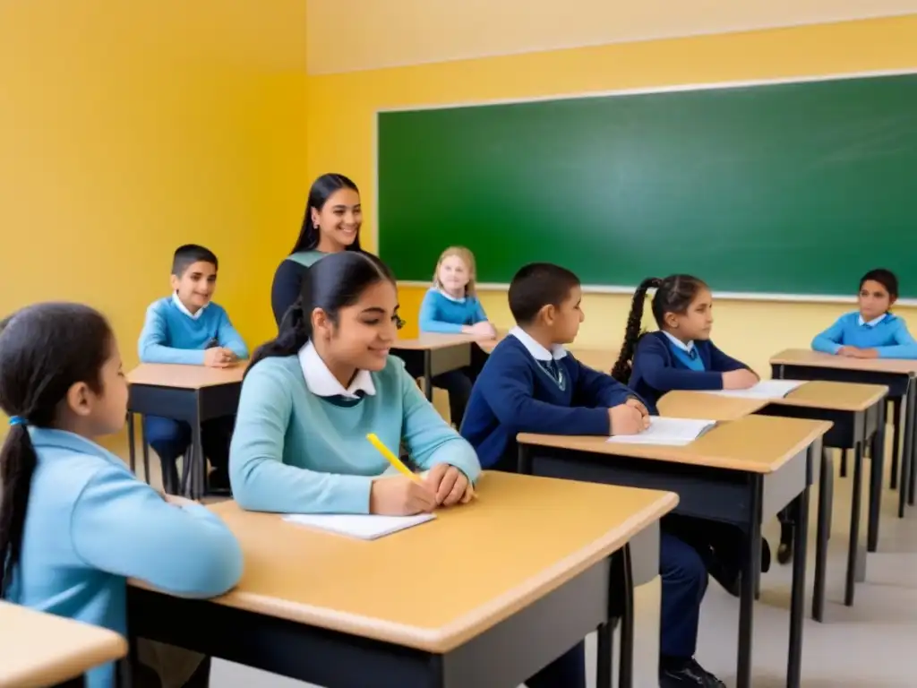 Una aula serena en Uruguay con diversidad de alumnos participando en una clase de idiomas