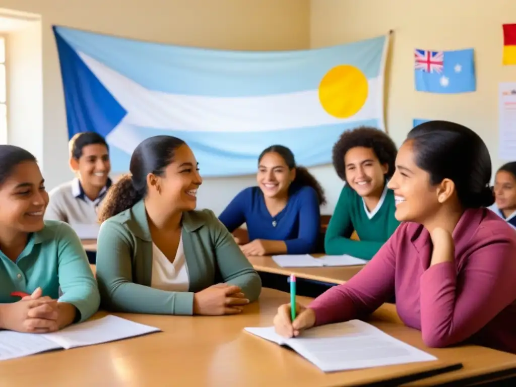 Aula serena en Uruguay: estudiantes diversos en grupo, profesora hispana sonriente, bandera uruguaya