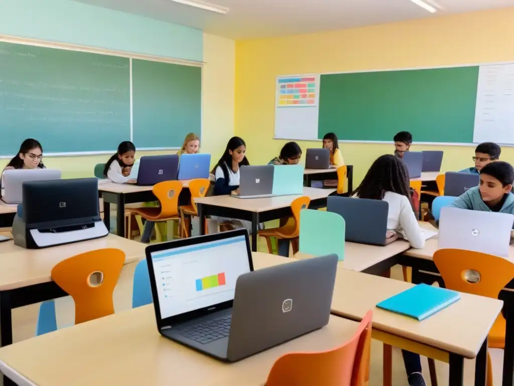 Aula serena en Uruguay con enseñanza personalizada, estudiantes diversos comprometidos en actividades educativas