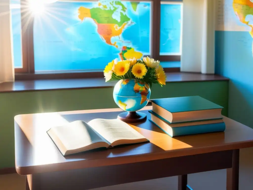 Un aula serena en Uruguay con escritorio de madera, libros, globo y flores, iluminada por el sol