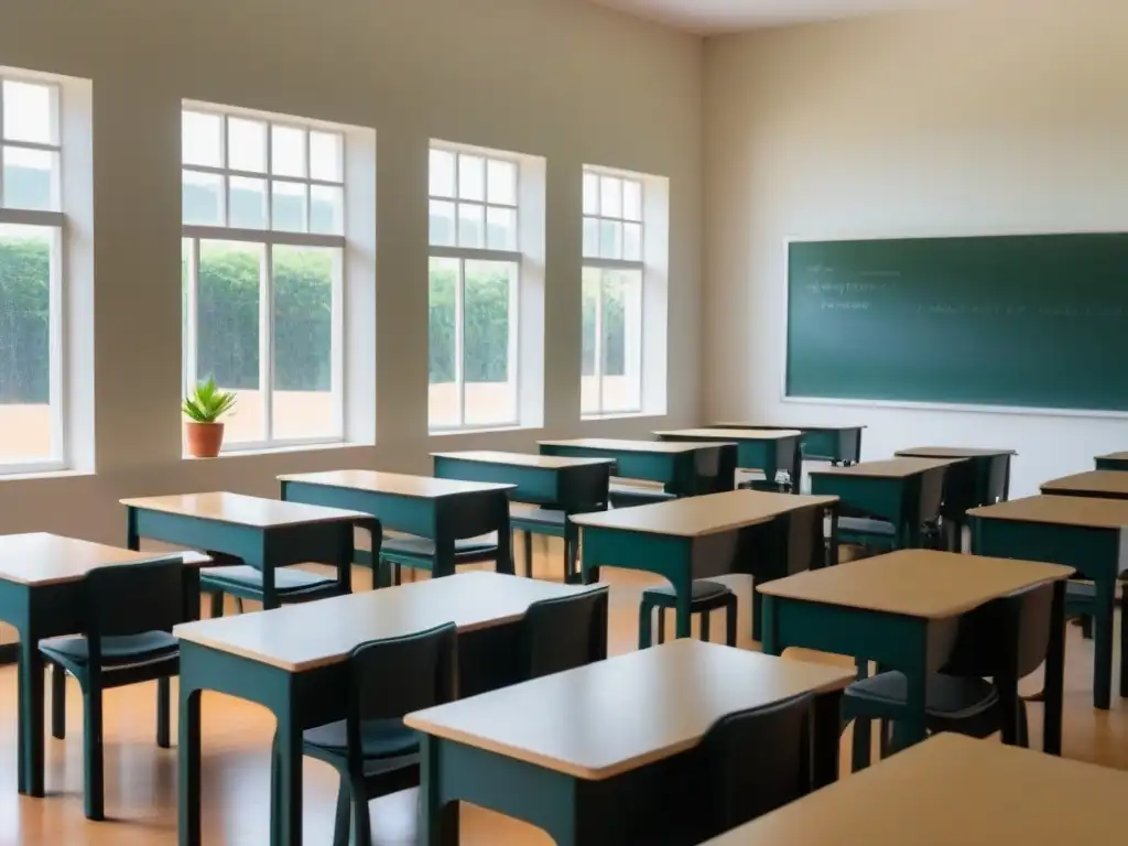 Un aula serena en Uruguay con escritorios vacíos, libros y plantas, bañada por luz natural