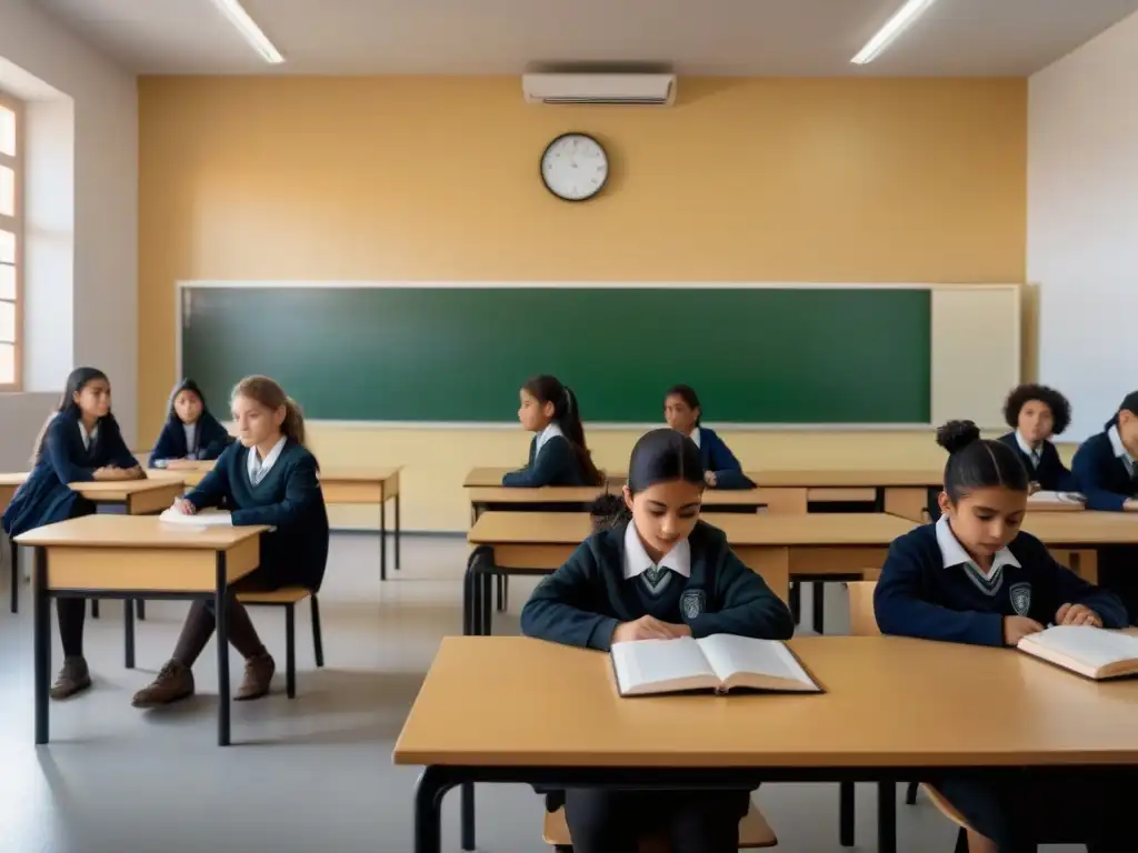 Un aula serena en una escuela uruguaya, con estudiantes diversos trabajando juntos