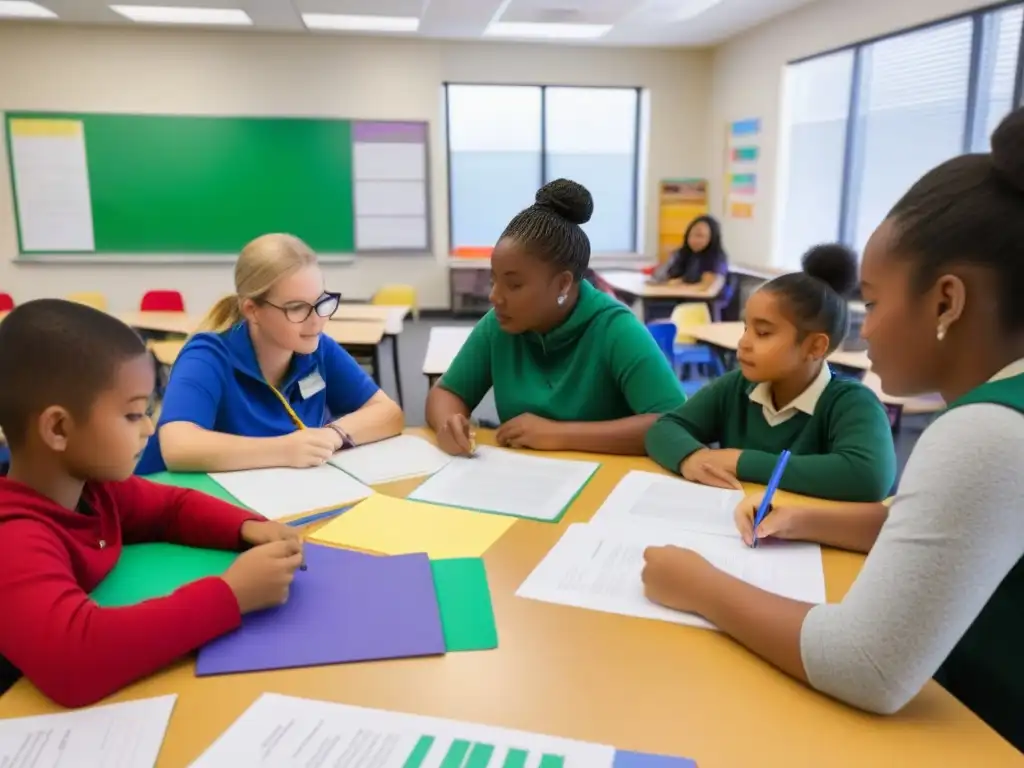 Aula serena con estudiantes diversos colaborando en actividad de Evaluación en aprendizaje basado proyectos