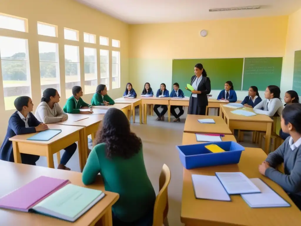 Una aula serena en Uruguay con estudiantes diversos participando en una actividad colaborativa