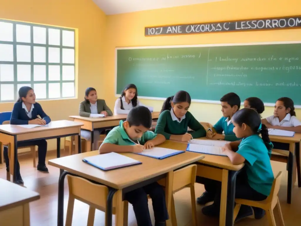 Un aula serena en Uruguay con estudiantes diversos participando en actividades colaborativas de AICLE