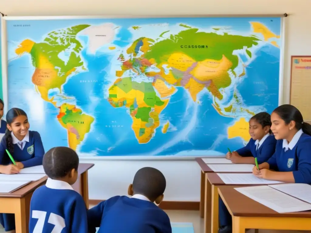 Un aula serena con estudiantes diversos en actividad bilingüe, maestros entusiastas y un mapa mundial de fondo en Uruguay