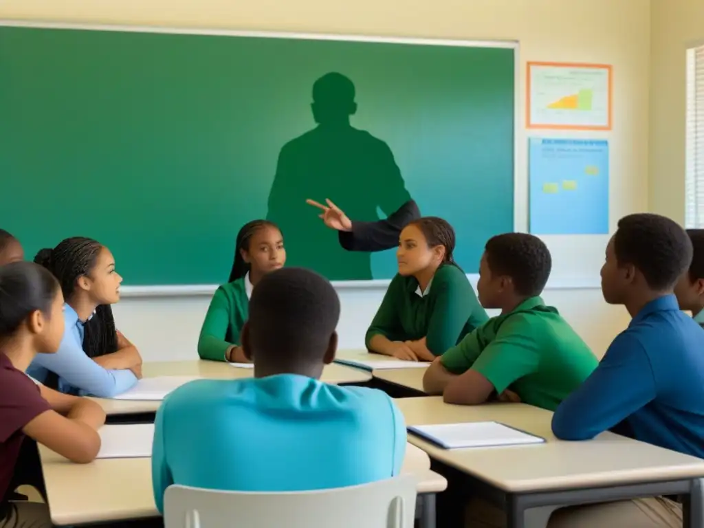 Ilustración de aula serena con estudiantes diversos debatiendo mientras docente atento los observa