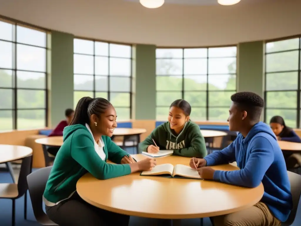 Un aula serena con estudiantes de distintas etnias participando en un método colaborativo de enseñanza de idiomas en Uruguay