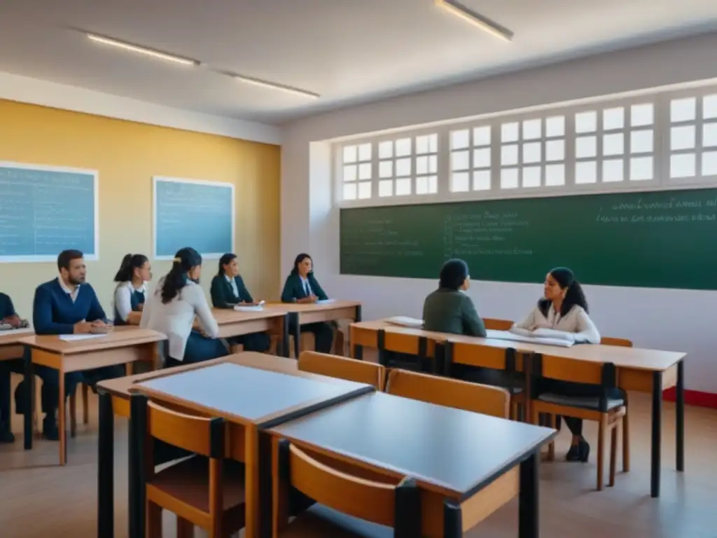 Una aula serena en Uruguay con estudiantes diversos participando en una lección bilingüe