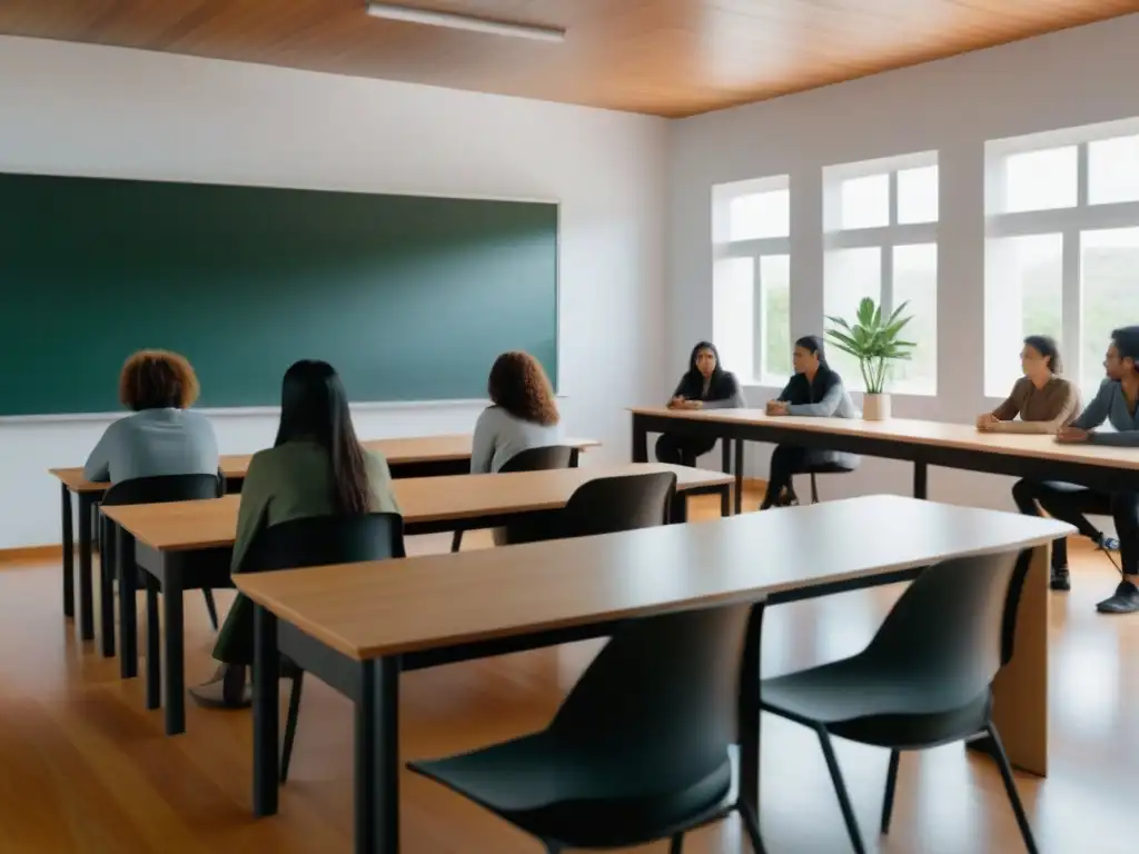 Un aula serena en Uruguay con estudiantes diversos participando en un taller de conciencia de salud mental