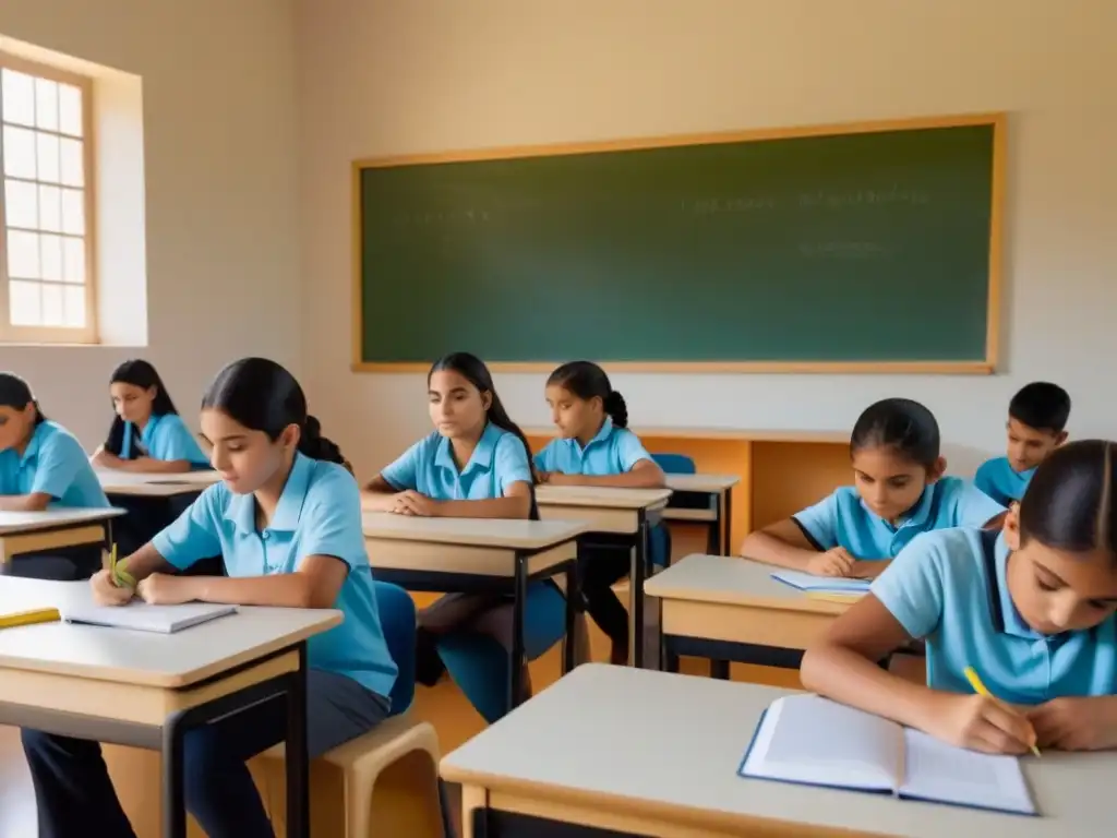 Un aula serena en Uruguay con estudiantes diversos aprendiendo neuroeducación