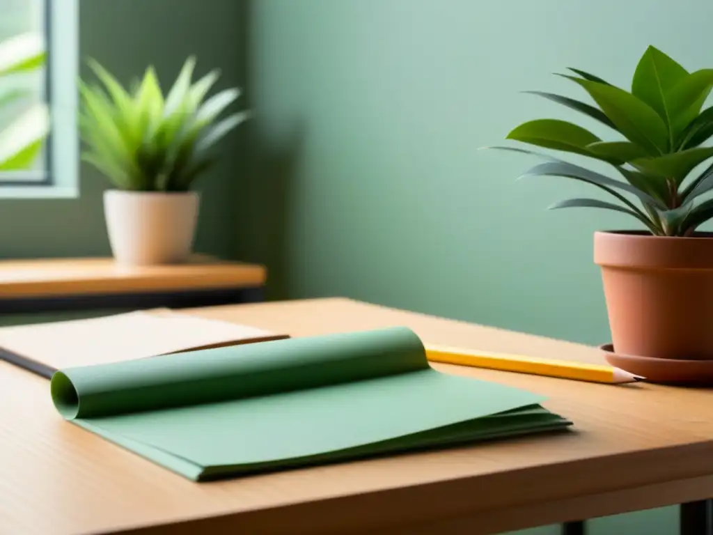 Un aula serena iluminada suavemente, con un escritorio de madera vacío y libros apilados junto a una planta en maceta