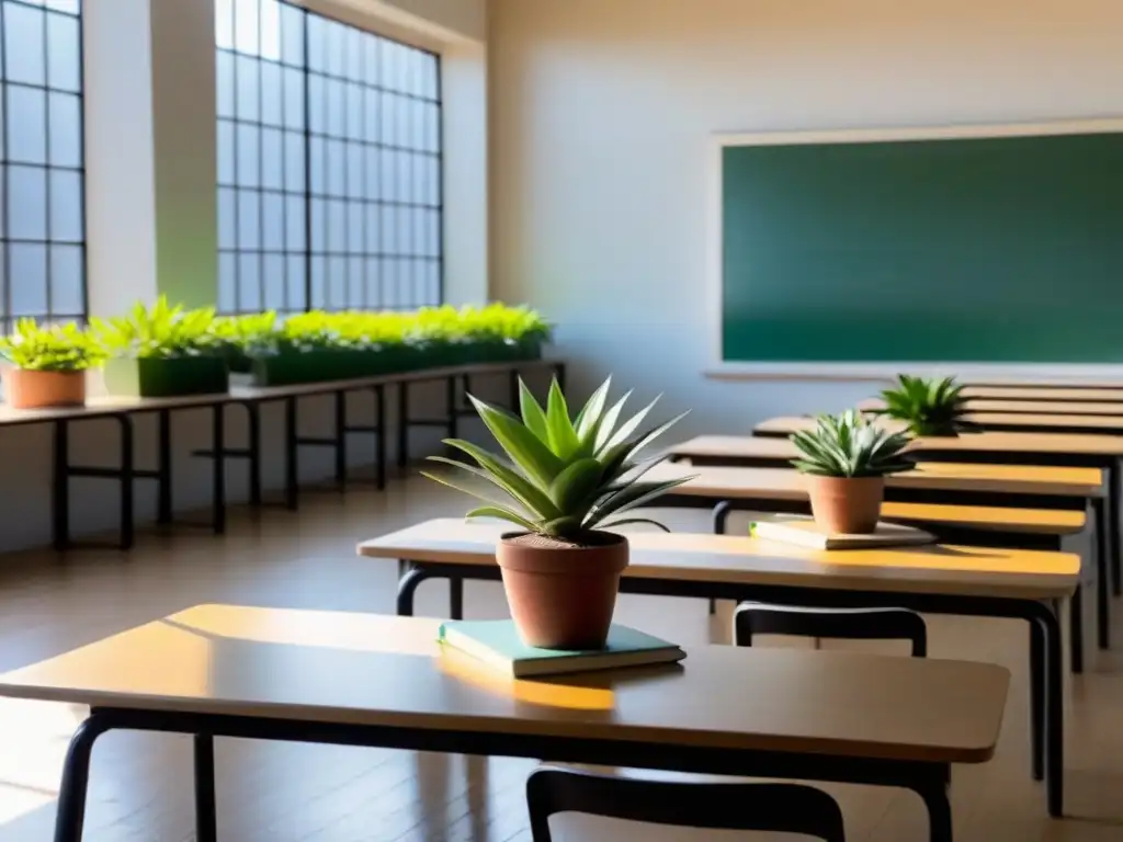 Un aula serena en Uruguay, iluminada por la luz natural, con pupitres vacíos y un escritorio destacado con libros y una planta