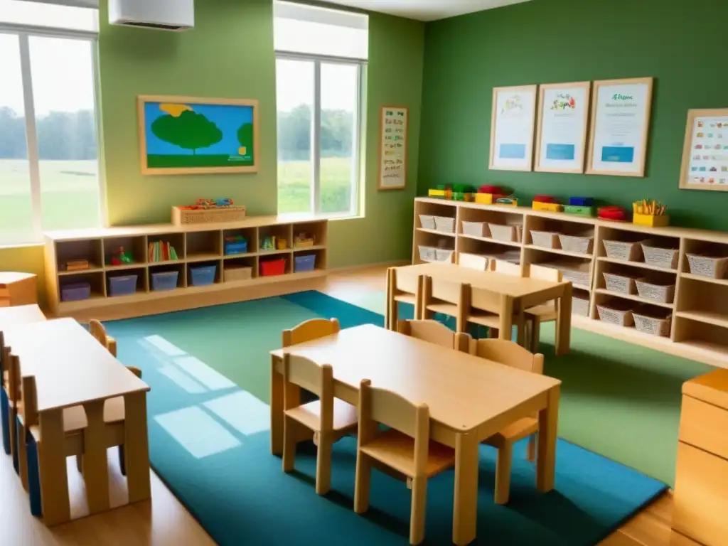 Un aula serena inspirada en principios de educación Montessori, con muebles de madera, estantes organizados y niños inmersos en actividades educativas