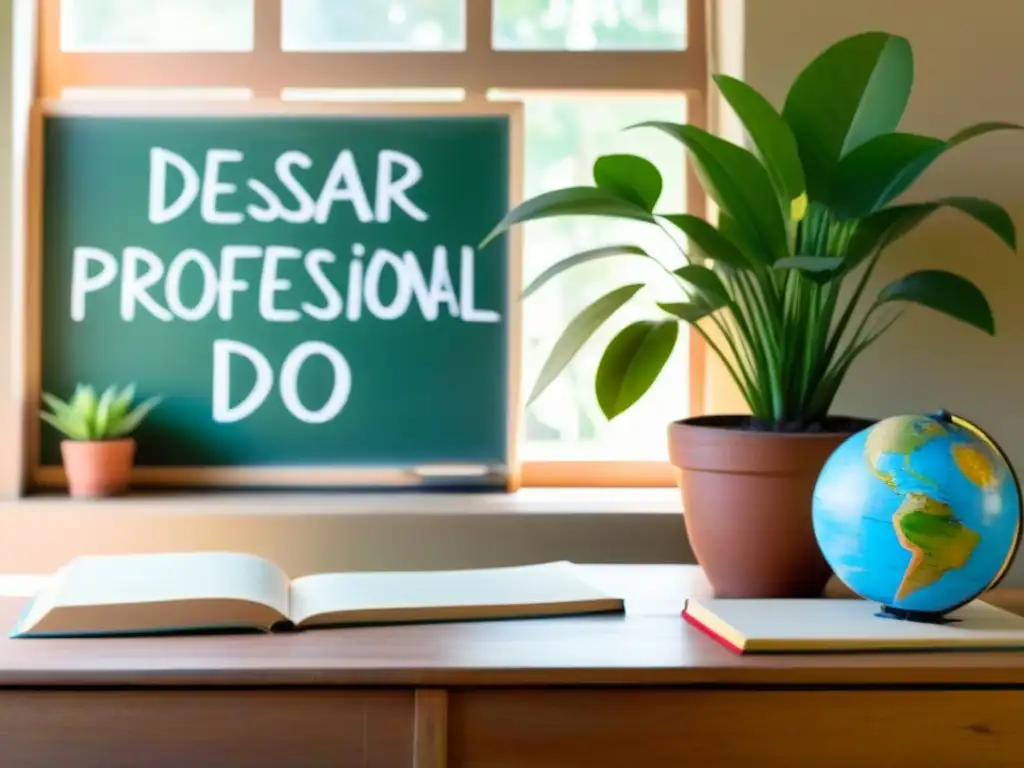 Un aula serena en Uruguay con una mesa de madera, libros esenciales, un globo terráqueo y una planta verde vibrante