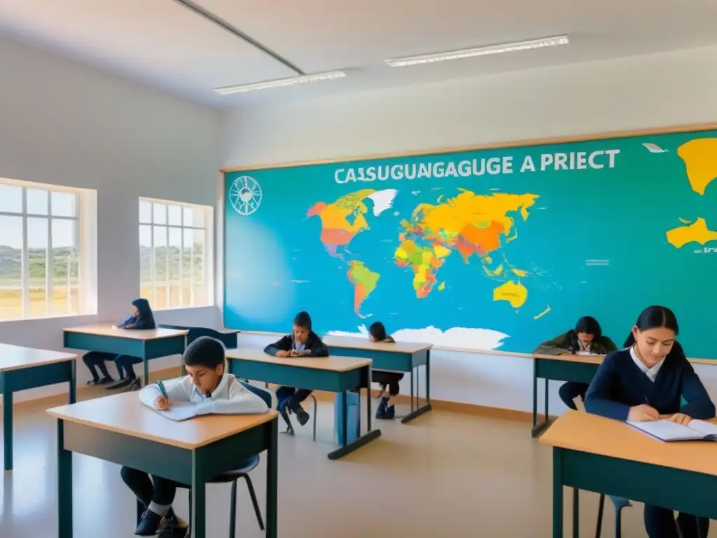 Un aula serena y minimalista en Uruguay para el Aprendizaje Basado en Proyectos, con estudiantes diversos colaborando en un proyecto de idiomas