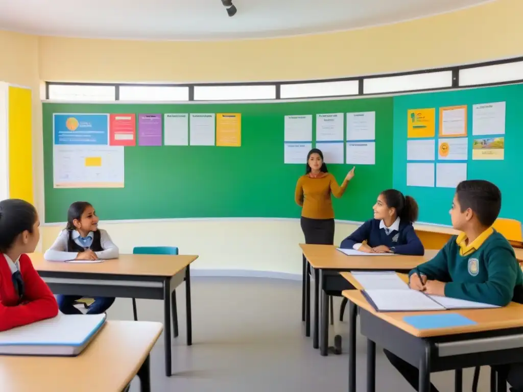 Una aula serena y minimalista en Uruguay con educación bilingüe, alumnos activos y maestro entusiasta