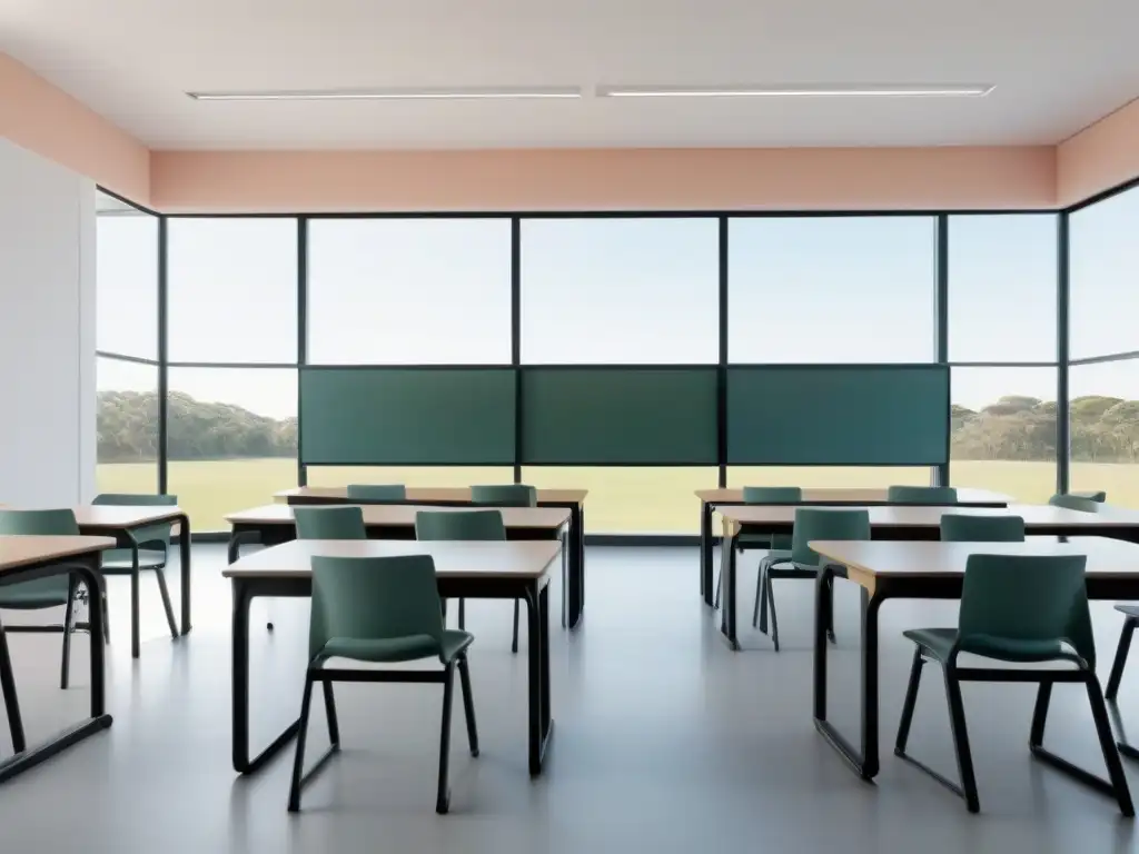 Un aula serena y minimalista en Uruguay, con diseño moderno y luz natural filtrada