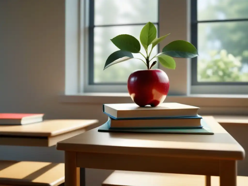 Un aula serena y minimalista con un escritorio de madera, libros, manzana roja y planta