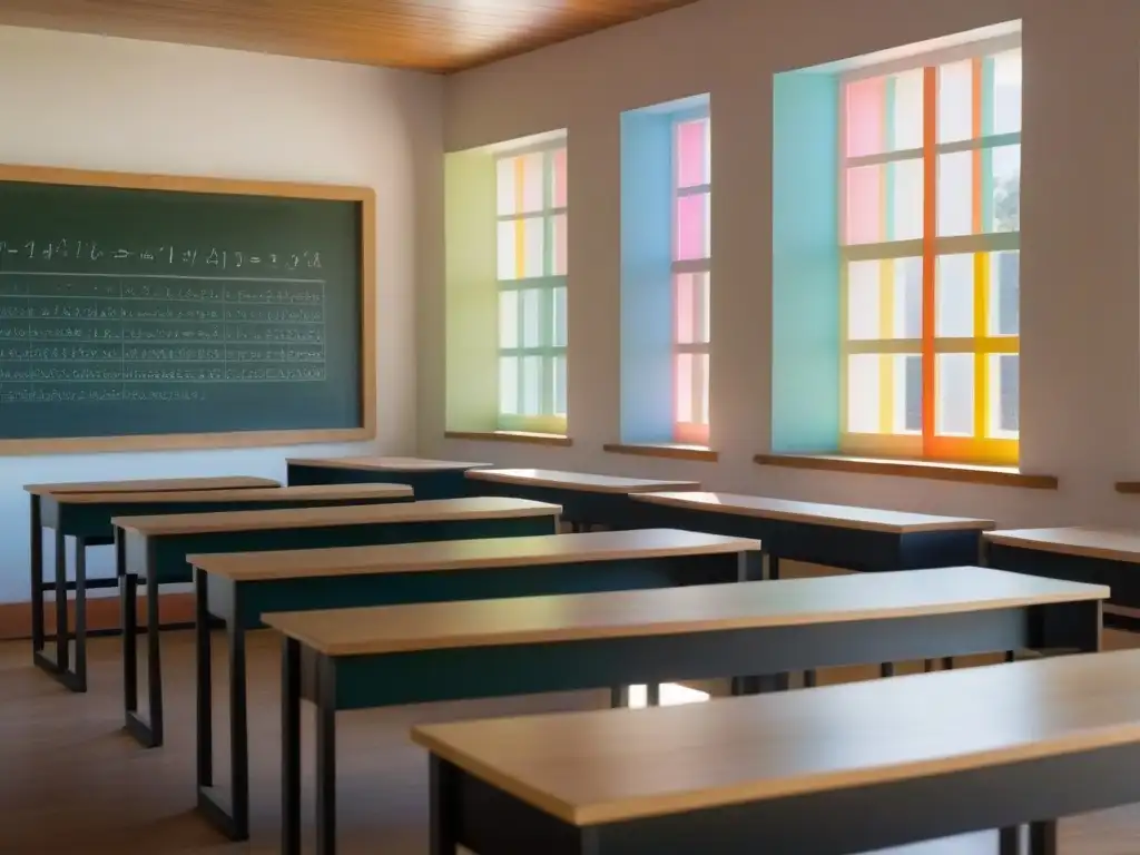 Aula serena en Uruguay con decoración minimalista, escritorios de madera y pizarra con ecuaciones, creando un ambiente educativo positivo en Uruguay