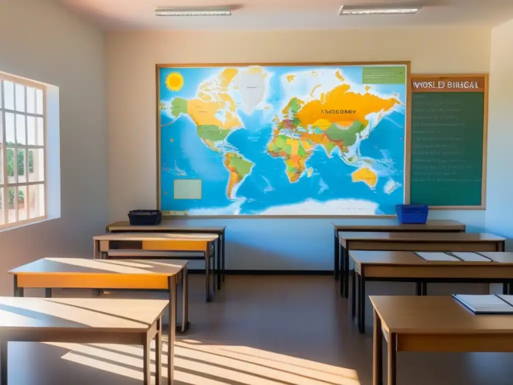 Aula serena y minimalista en escuela bilingüe en Uruguay con mapa mundial, escritorios de madera y materiales para aprender idiomas