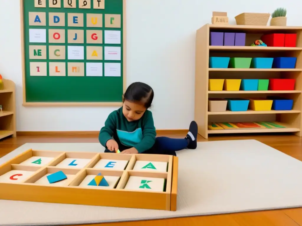 Un aula serena y minimalista en Uruguay, con estantes Montessori de material para aprender idiomas