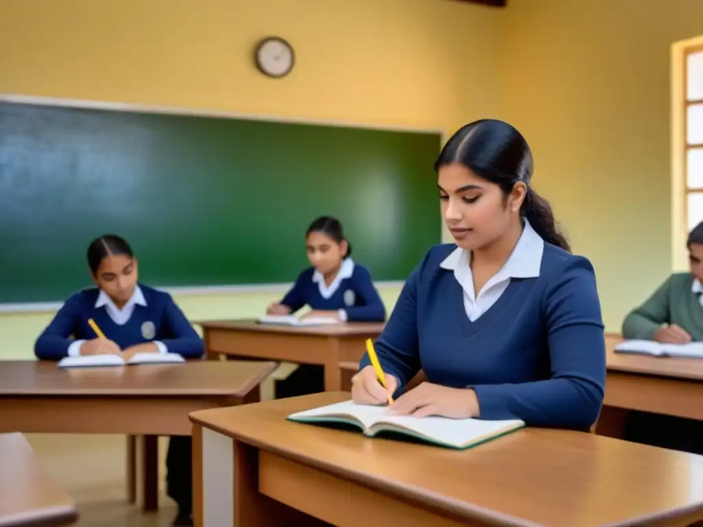 Un aula serena y minimalista en Uruguay, con estudiantes diversos colaborando en el aprendizaje, reflejando una cultura escolar inclusiva