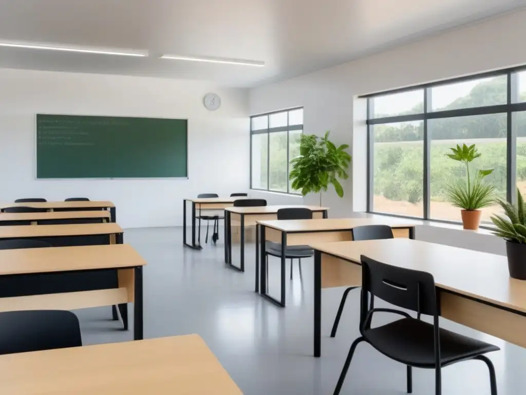 Un aula serena en Uruguay con diseño minimalista y estudiantes colaborativos demostrando resiliencia