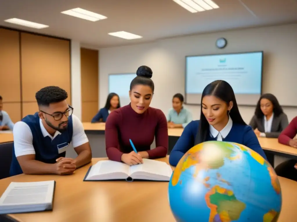 Un aula serena y minimalista con estudiantes diversos participando en discusiones grupales, rodeados de material educativo y decoraciones globales que simbolizan la diversidad y unidad global en evaluación educativa en contexto multicultural