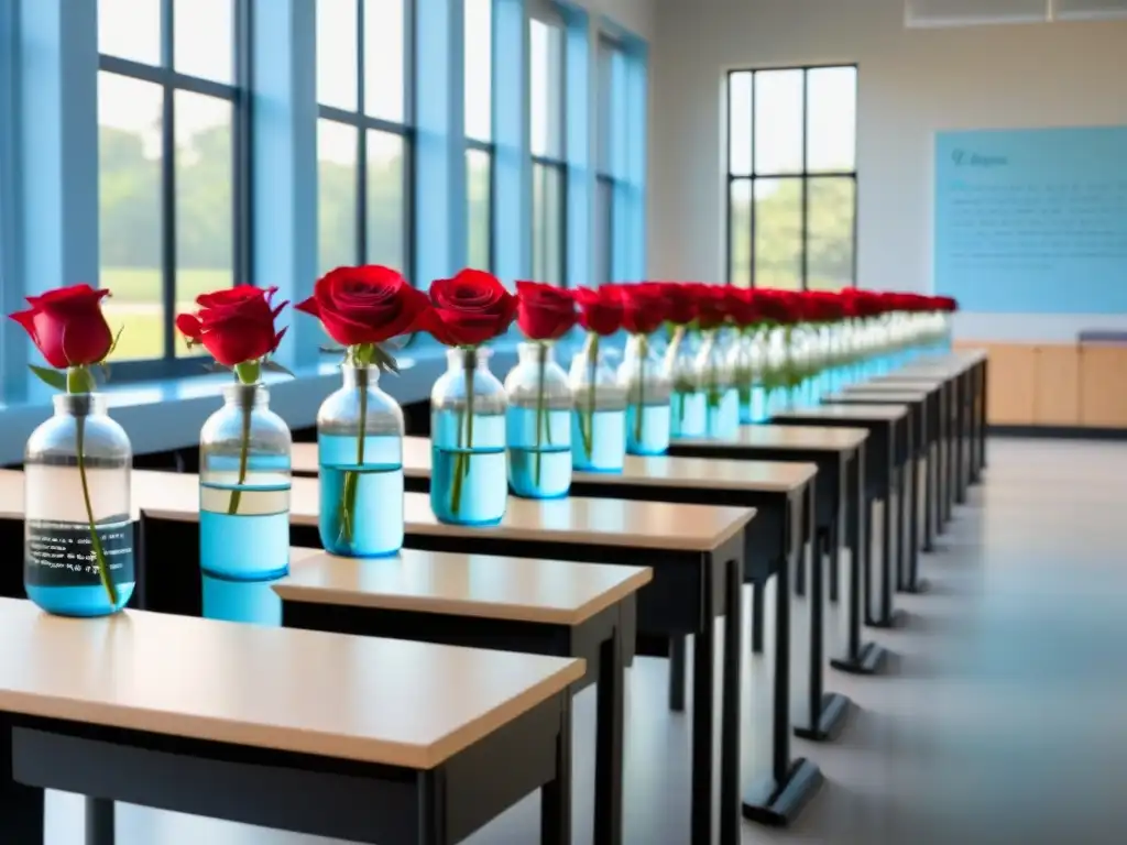 Un aula serena y minimalista iluminada por luz natural con rosas rojas y motivación para la enseñanza de idiomas con Suggestopedia