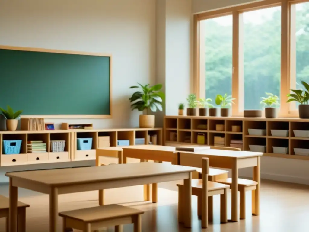 Aula serena y minimalista inspirada en la Pedagogía Montessori en Uruguay, con muebles de madera y materiales educativos organizados