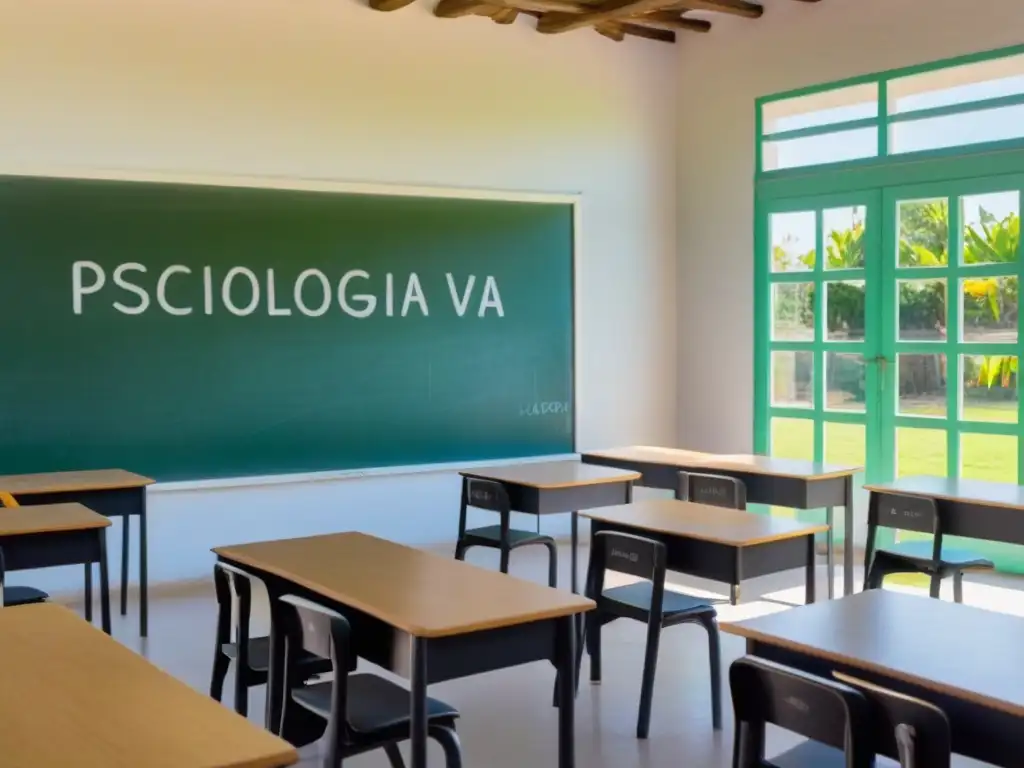 Un aula serena en Uruguay con decoración minimalista, luz natural y un jardín escolar verde