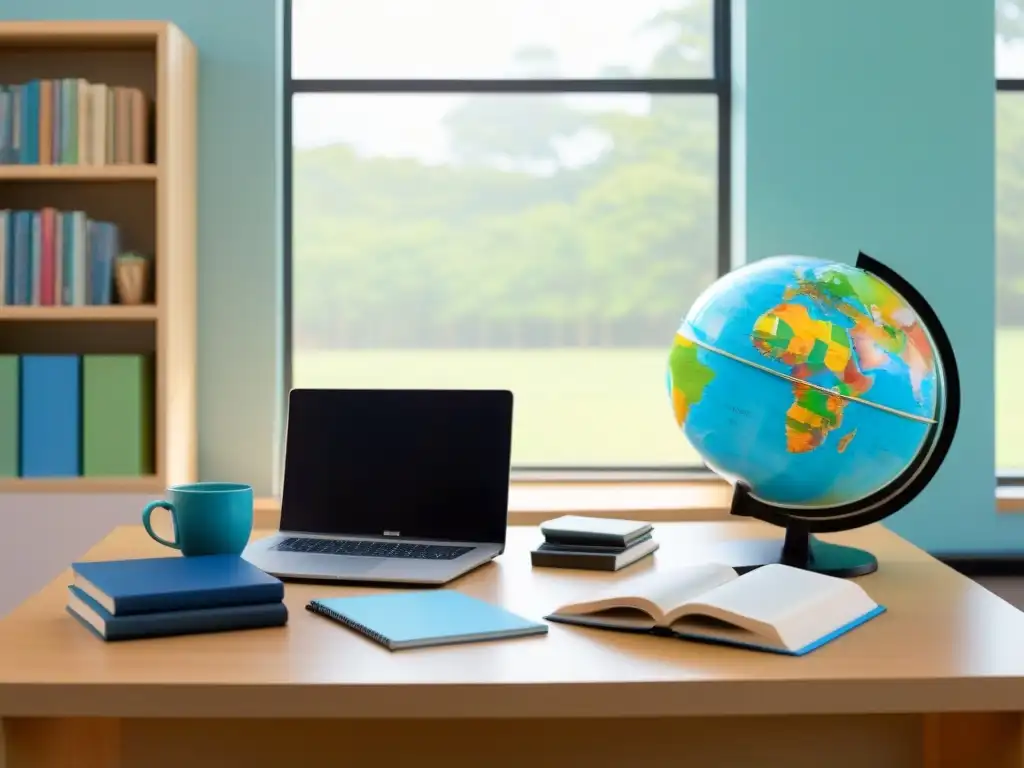 Un aula serena y minimalista con luz natural, libros bilingües, laptop y café