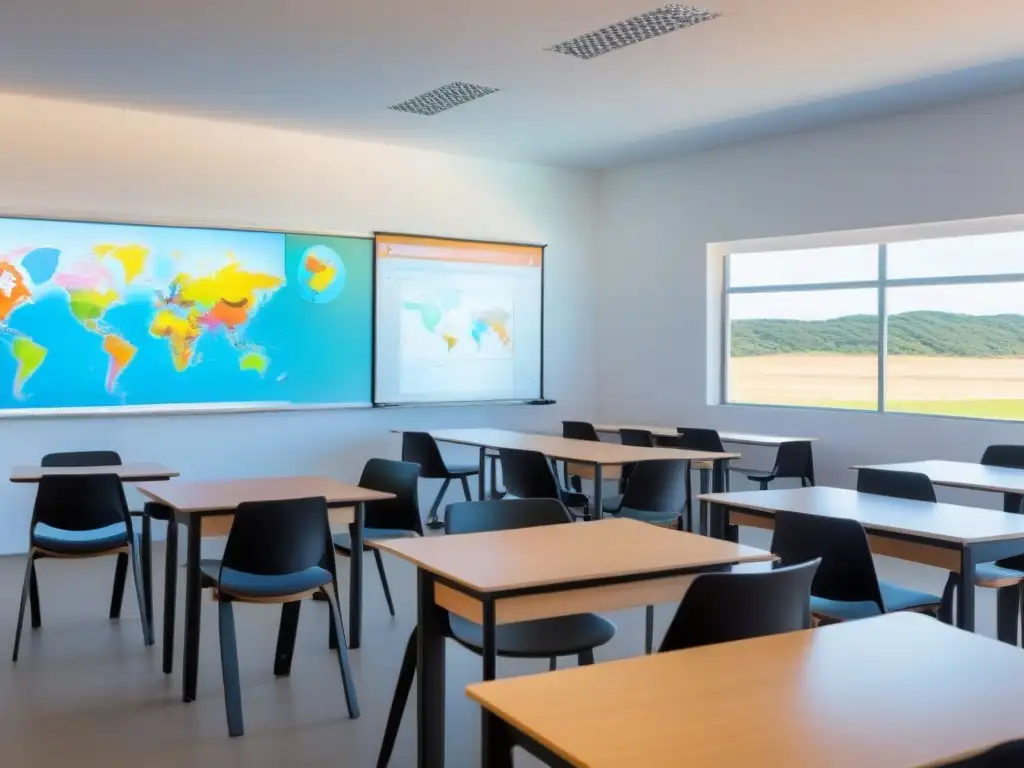 Aula serena en Uruguay con diseño minimalista, mobiliario ergonómico y pizarra digital interactiva