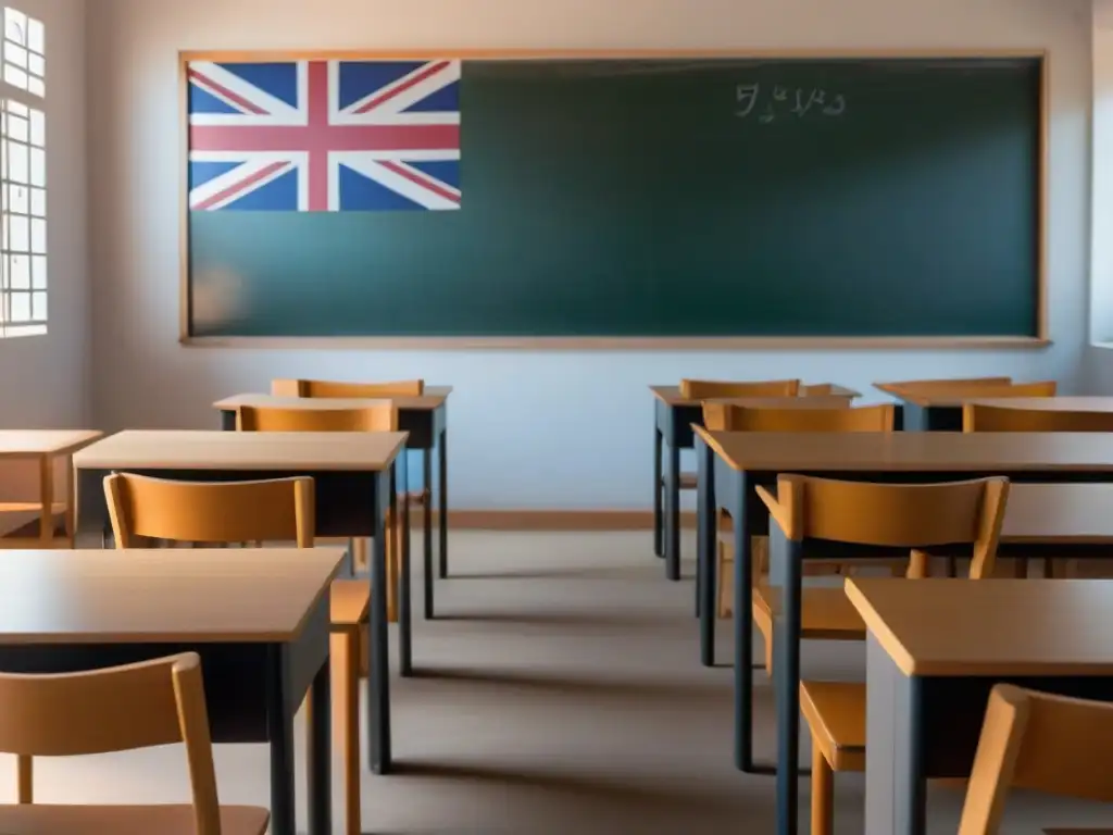 Aula serena en Uruguay enseñanza chino mandarín, decoración minimalista, pizarra con caracteres mandarín, bandera uruguaya