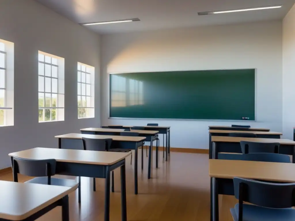 Un aula serena y minimalista en Uruguay con tecnología educativa moderna, luz natural y mobiliario organizado