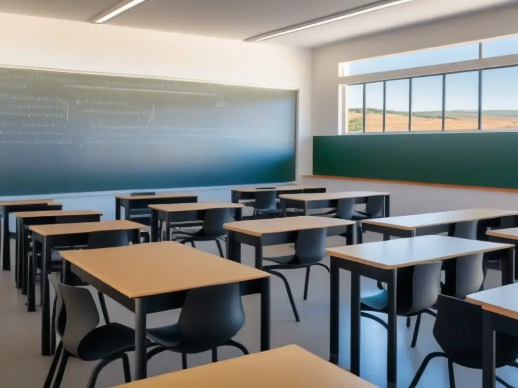 Un aula serena en Uruguay con diseño minimalista, tecnología educativa moderna e iluminación natural