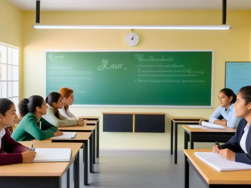 Aula serena en Uruguay con diseño minimalista y tecnologías verdes en educación