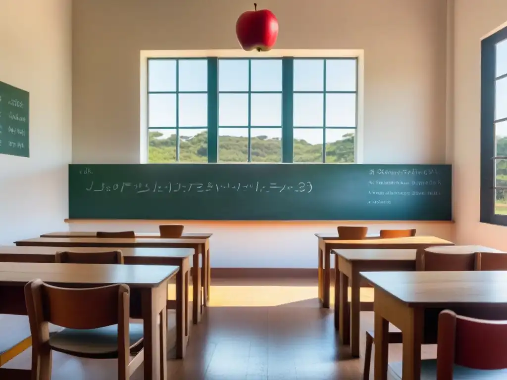 Aula serena en Uruguay con decoración minimalista y tendencias educativas globales, destacando pizarra con ecuaciones y manzana roja en el escritorio