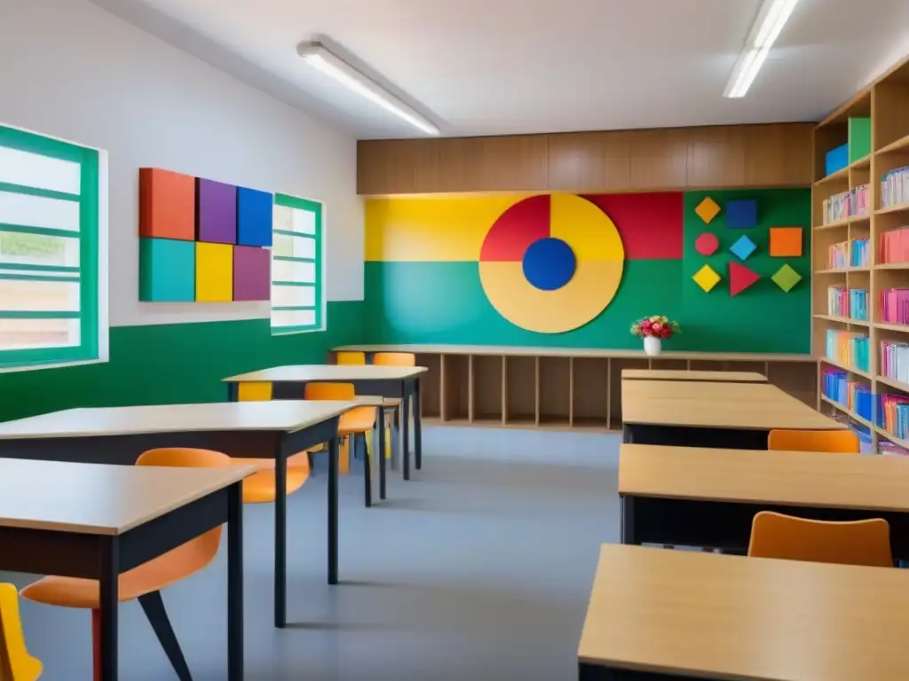 Un aula serena en Uruguay con decoración minimalista y toques artísticos, métodos artísticos educación uruguaya