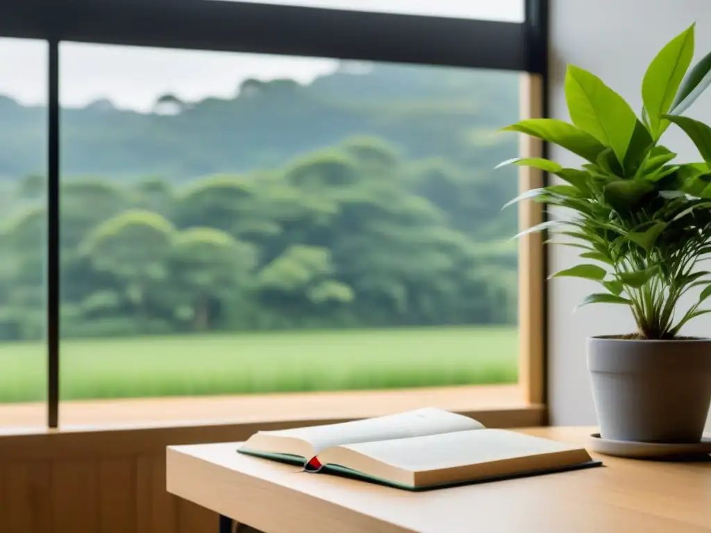 Un aula serena y minimalista con vista a un paisaje verde, iluminando un escritorio de madera con libros de idiomas y plantas