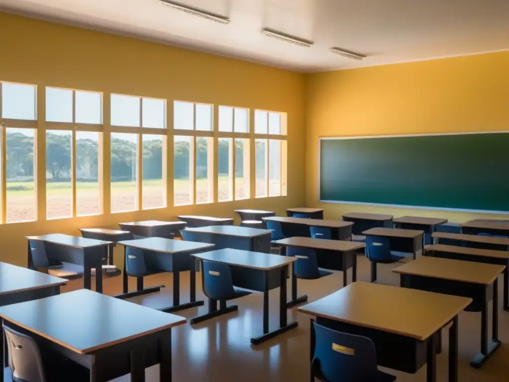 Una aula serena en Uruguay con modernos escritorios, carteles educativos vibrantes, luz natural y estudiantes comprometidos en el aprendizaje