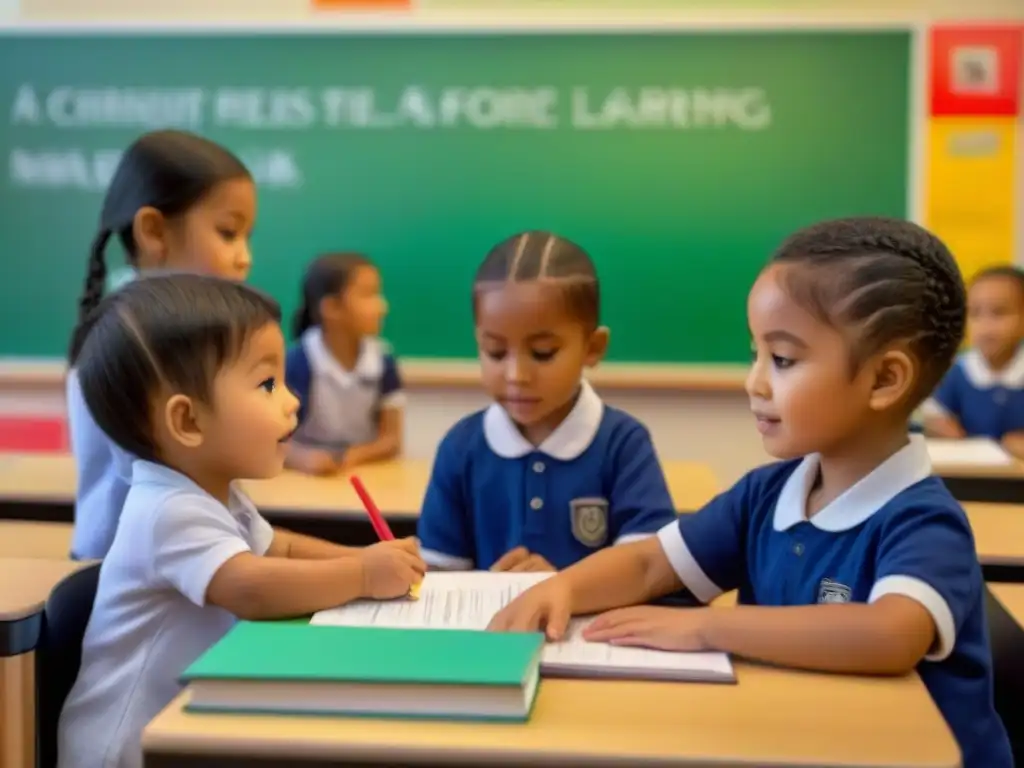 Un aula serena con niños aprendiendo, rodeados de material educativo bilingüe