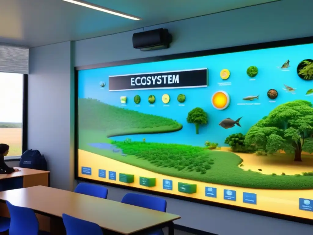 Aula serena con pantalla digital interactiva mostrando ecosistema uruguayo, en educación ambiental