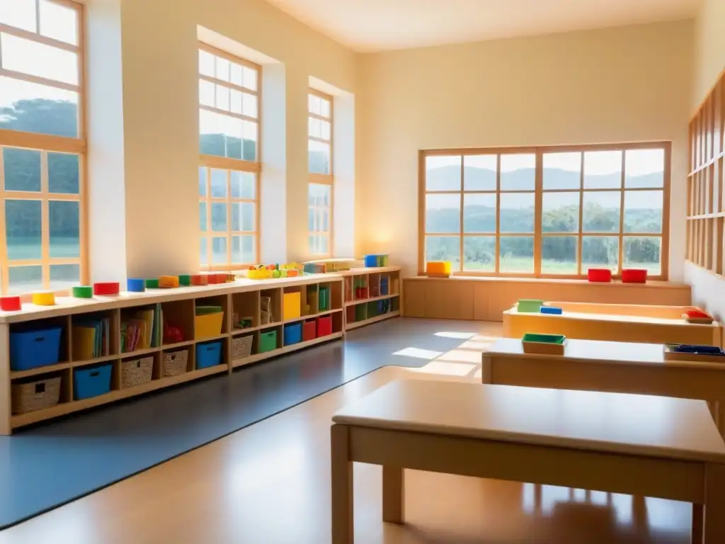 Un aula serena de Pedagogía Montessori en Uruguay, con niños diversos concentrados en actividades educativas