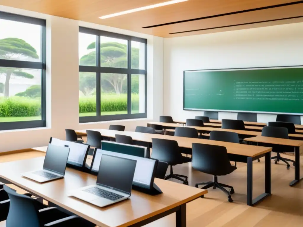 Un aula serena de un prestigioso programa MBA en Uruguay, con modernos escritorios de madera, laptops y una vista al patio verde exterior