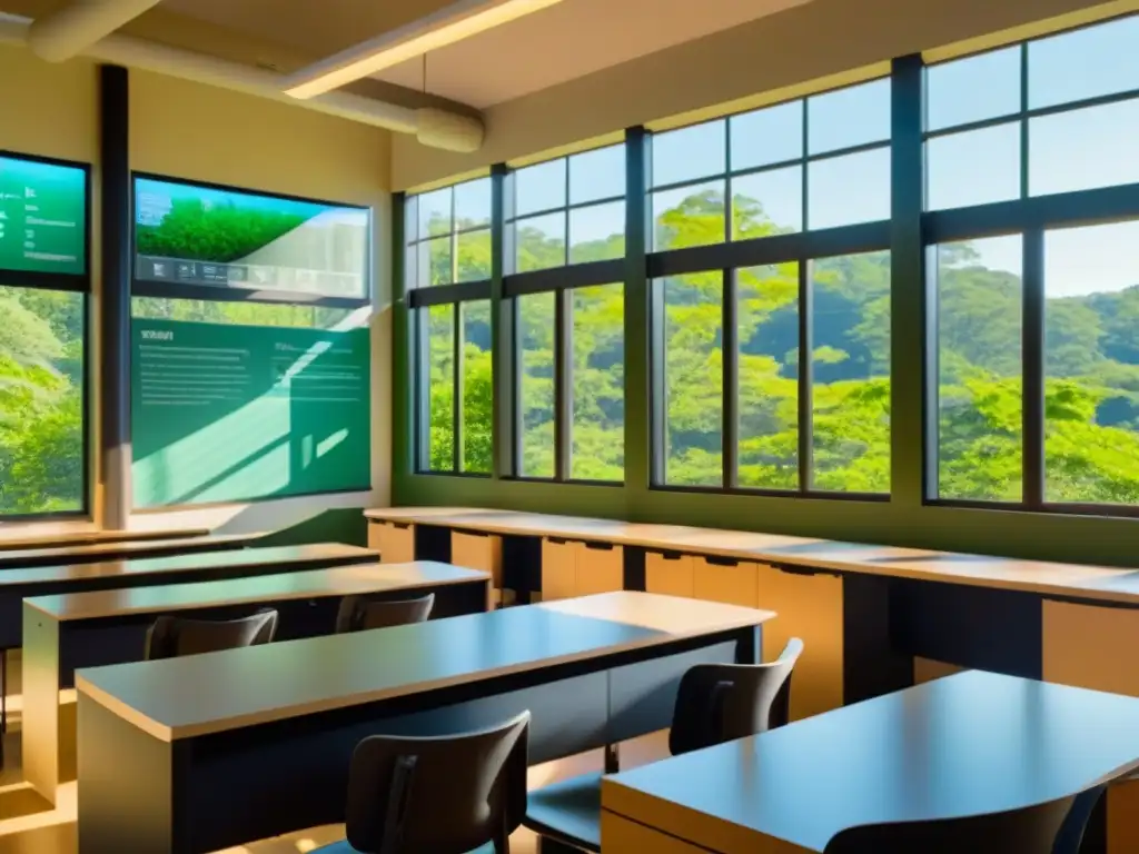 Un aula serena con ventana abierta a bosque, alumnos aprenden sobre conciencia ecológica en educación Uruguay