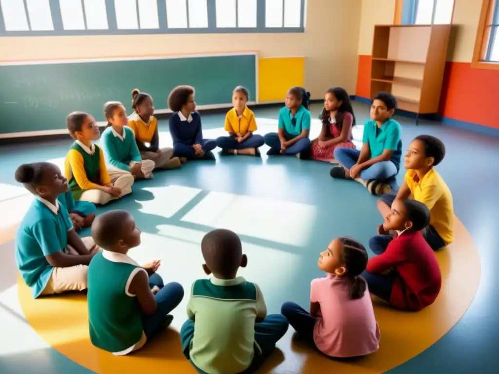 Un aula soleada en Uruguay con niños diversos compartiendo historias, fomentando la narrativa inclusiva en la educación