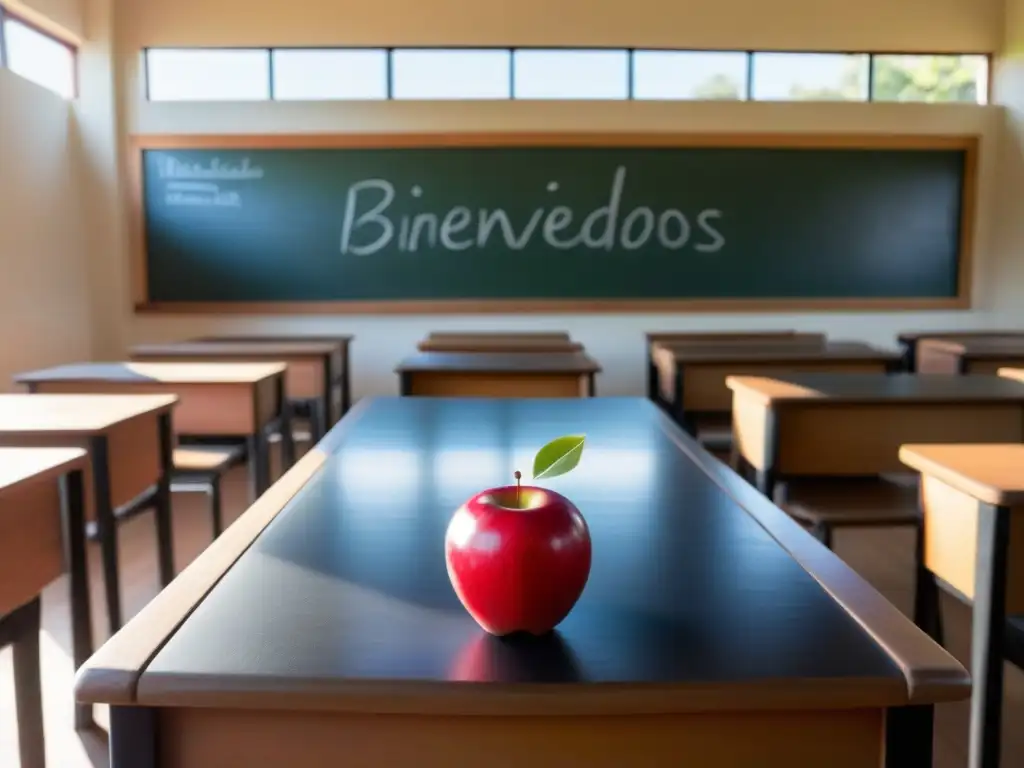 Un aula tradicional uruguaya, iluminada por el sol, con un encantador cartel de 'Bienvenidos', y un manzano rojo