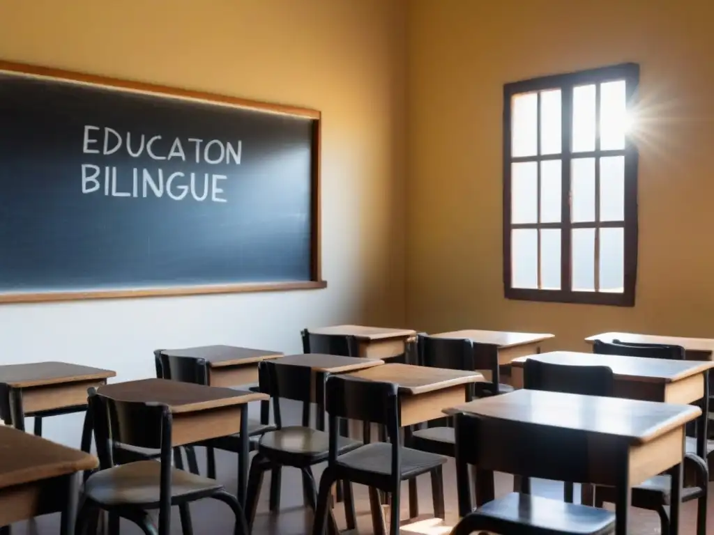 Un aula tradicional uruguaya con 'Educación bilingüe' en el pizarrón, reflejando calma y enfoque para la educación bilingüe en Uruguay